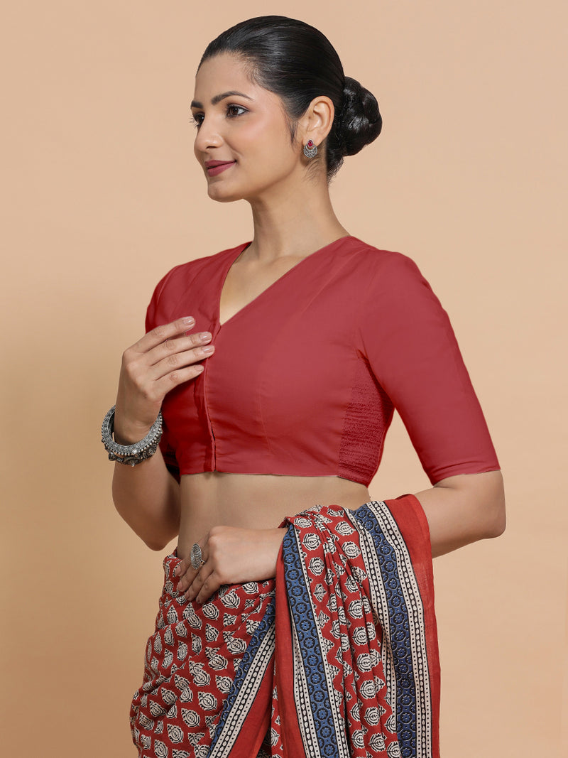 Garima x Rozaana | Elbow Sleeves Saree Blouse in Carmine Red Plain Cotton-Binks