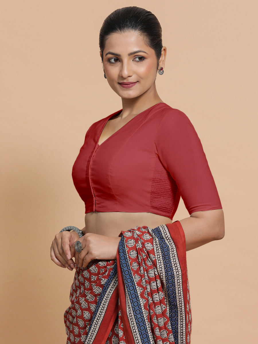 Garima x Rozaana Saree Blouse, in Red 100% Cotton - Solid, featuring elbow sleeves and v-neckline, made for daily & work.