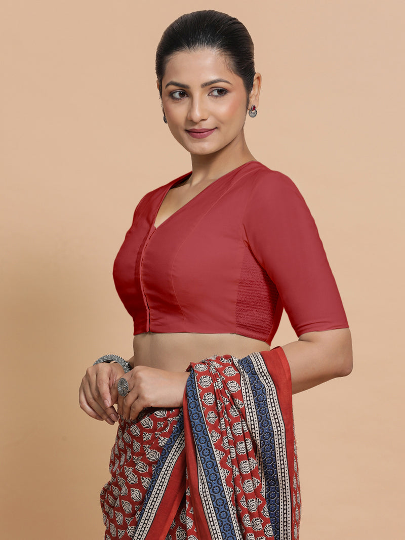 Garima x Rozaana | Elbow Sleeves Saree Blouse in Carmine Red Plain Cotton-Binks