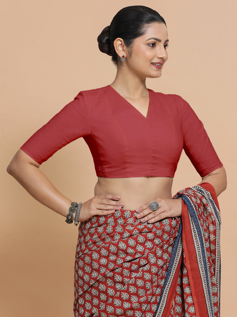 Garima x Rozaana | Elbow Sleeves Saree Blouse in Carmine Red Plain Cotton-Binks
