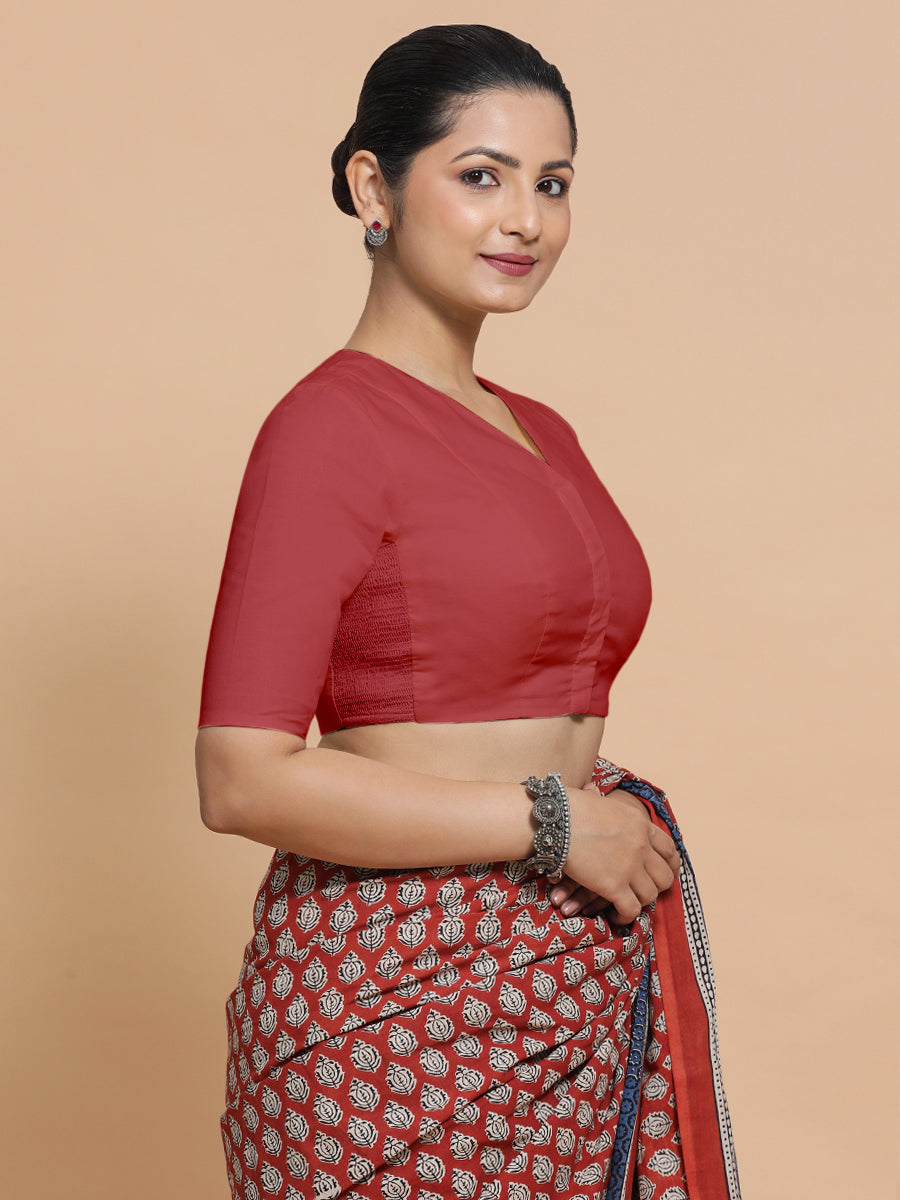 Garima x Rozaana Saree Blouse, in Red 100% Cotton - Solid, featuring elbow sleeves and v-neckline, made for daily & work.
