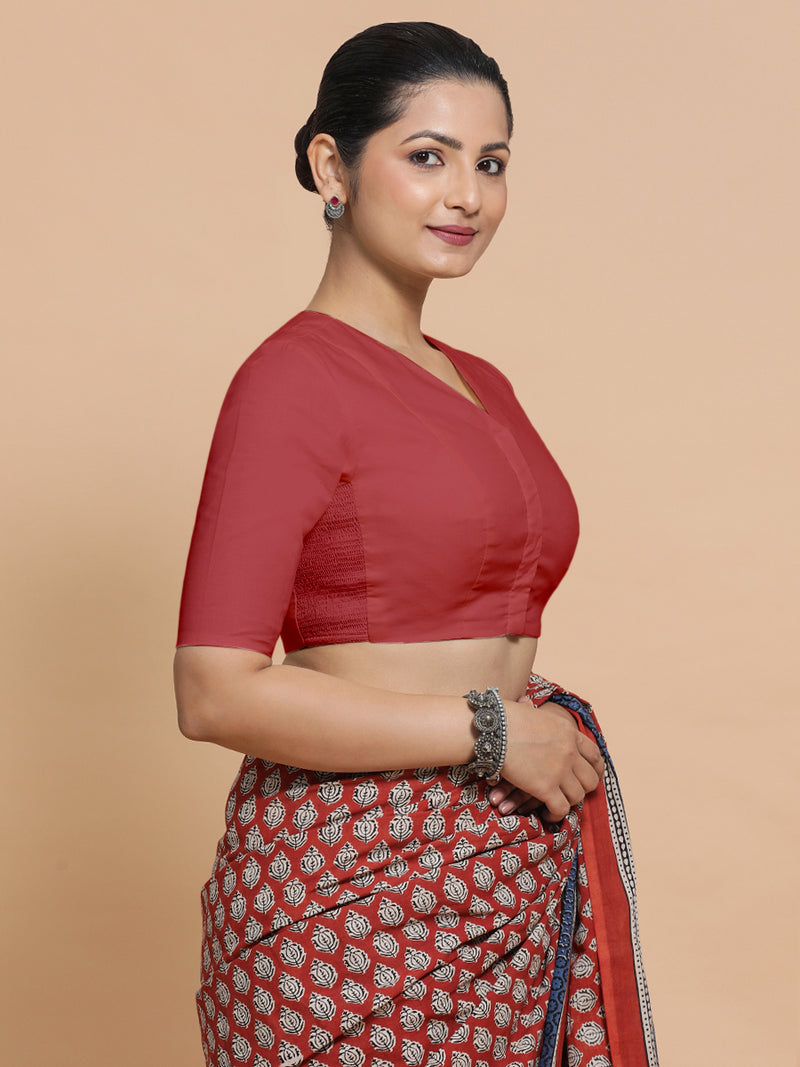 Garima x Rozaana | Elbow Sleeves Saree Blouse in Carmine Red Plain Cotton-Binks
