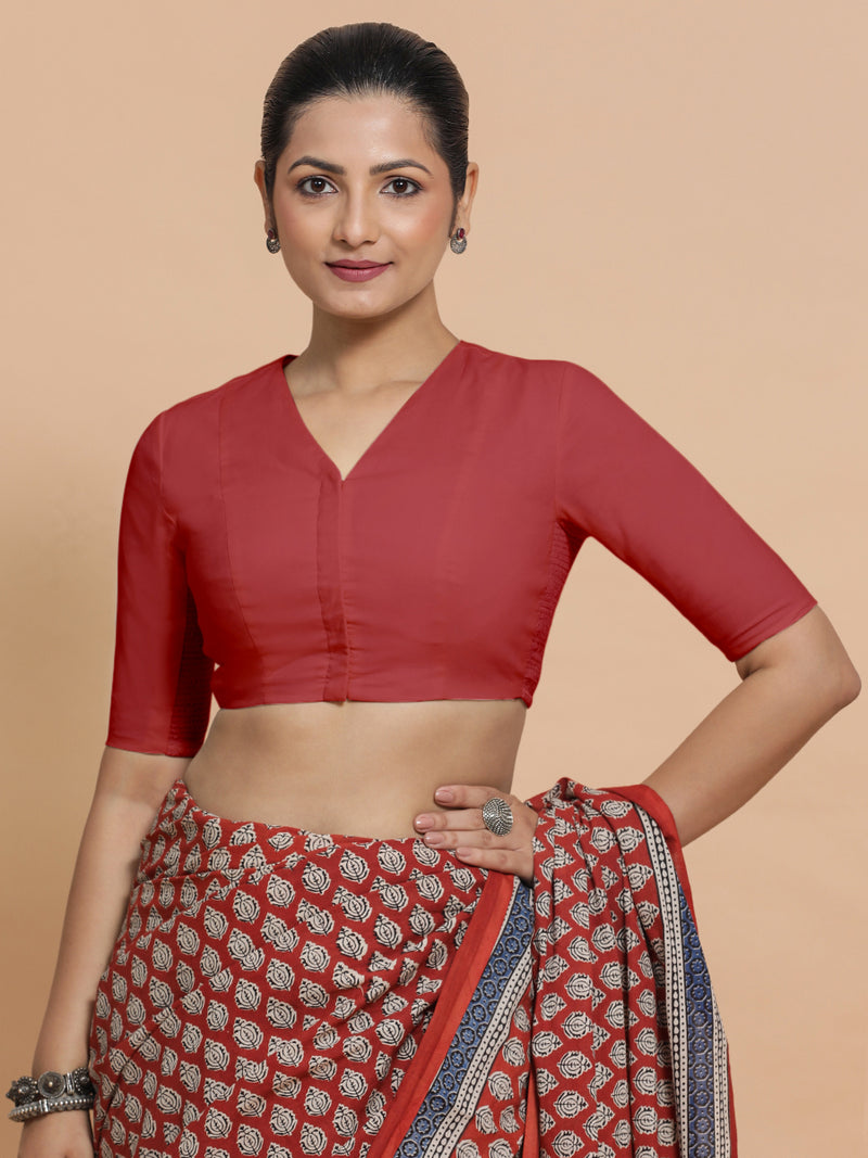 Garima x Rozaana | Elbow Sleeves Saree Blouse in Carmine Red Plain Cotton-Binks