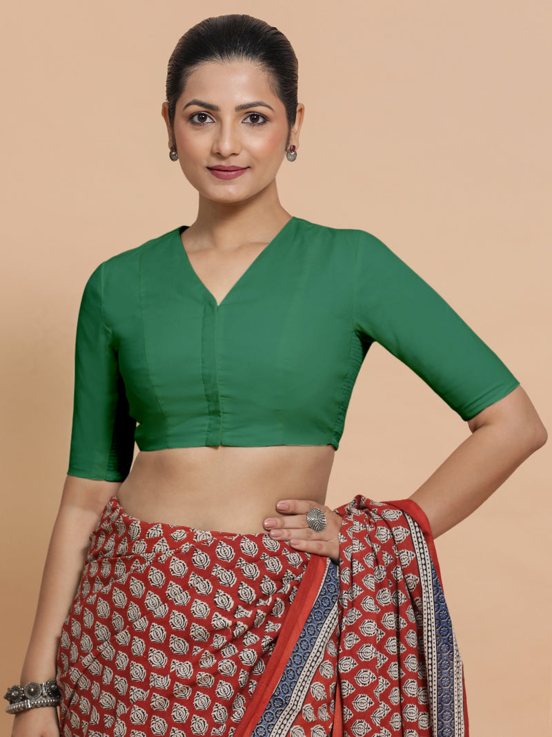 Garima x Rozaana | Elbow Sleeves Saree Blouse in Castleton Green Plain Cotton-Binks