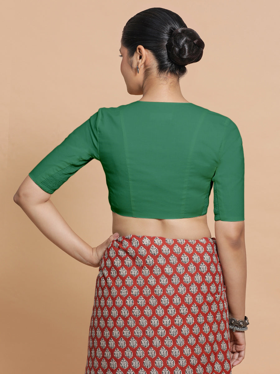 Garima x Rozaana Saree Blouse, in Green 100% Cotton - Solid, featuring elbow sleeves and v-neckline, made for daily & work.