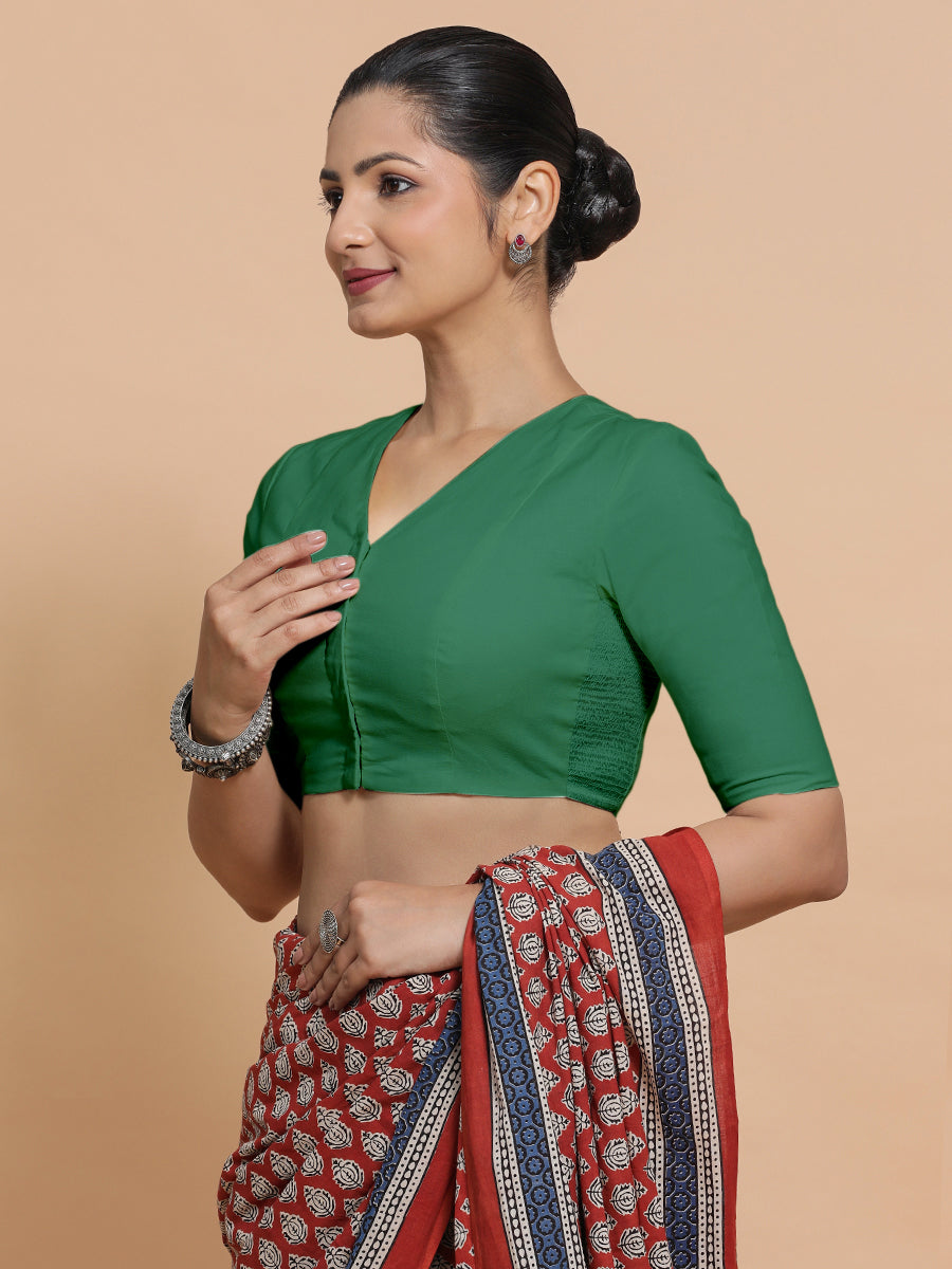 Garima x Rozaana Saree Blouse, in Green 100% Cotton - Solid, featuring elbow sleeves and v-neckline, made for daily & work.