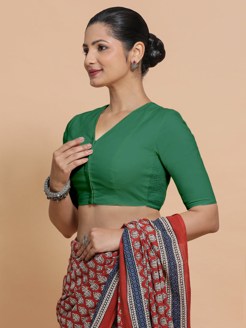 Garima x Rozaana | Elbow Sleeves Saree Blouse in Castleton Green Plain Cotton-Binks