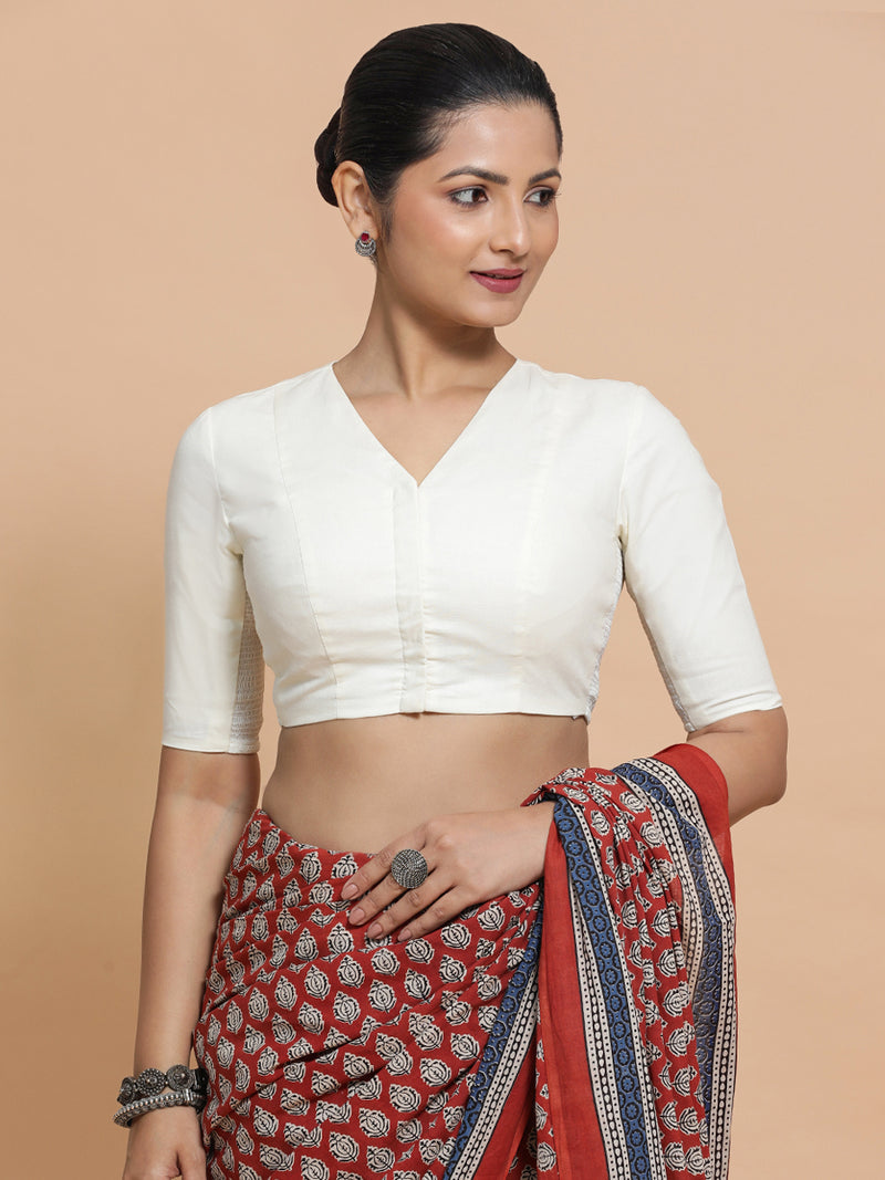 Garima x Rozaana | V-Neck Ivory Mist Plain Cotton Saree Blouse-Binks