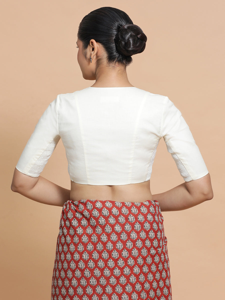 Garima x Rozaana Saree Blouse, in White Cotton, featuring elbow sleeves and v-neckline, made for daily & work (view 2).