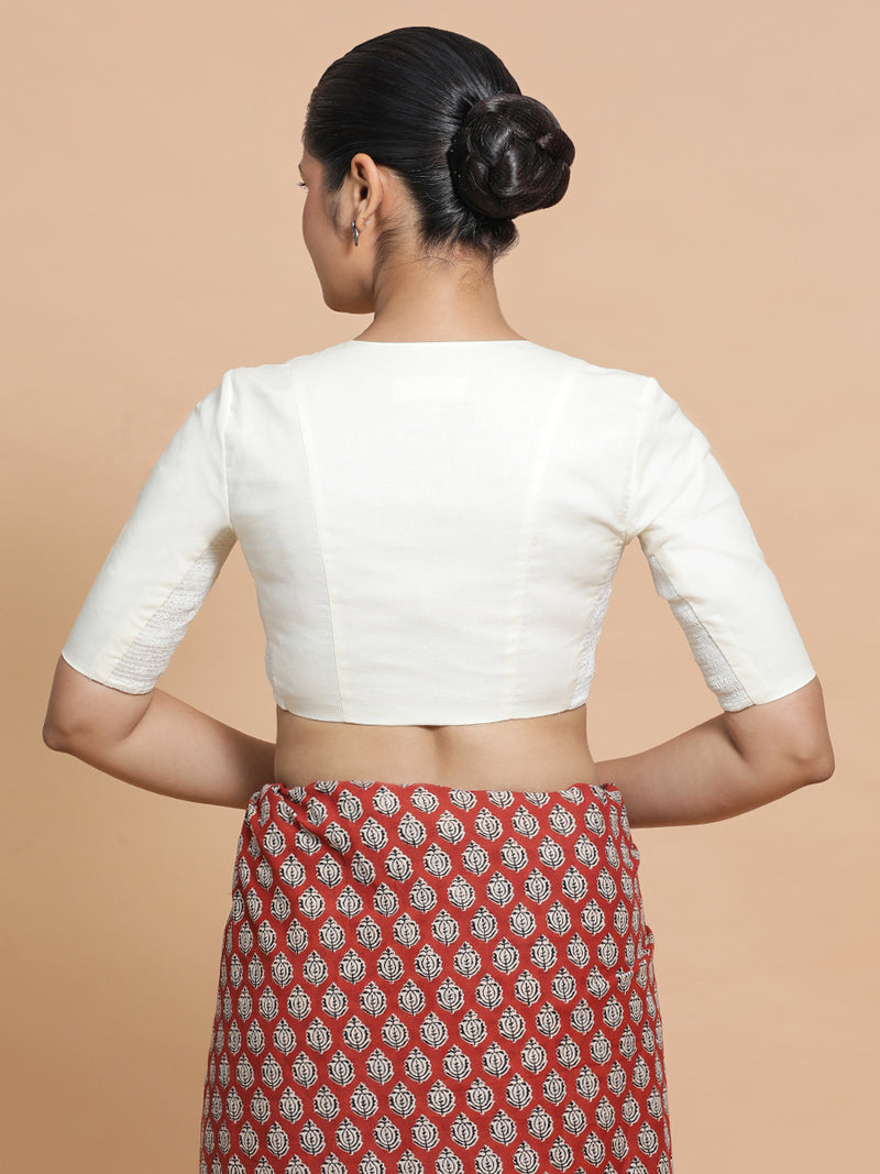 Garima x Rozaana | V-Neck Ivory Mist Plain Cotton Saree Blouse-Binks