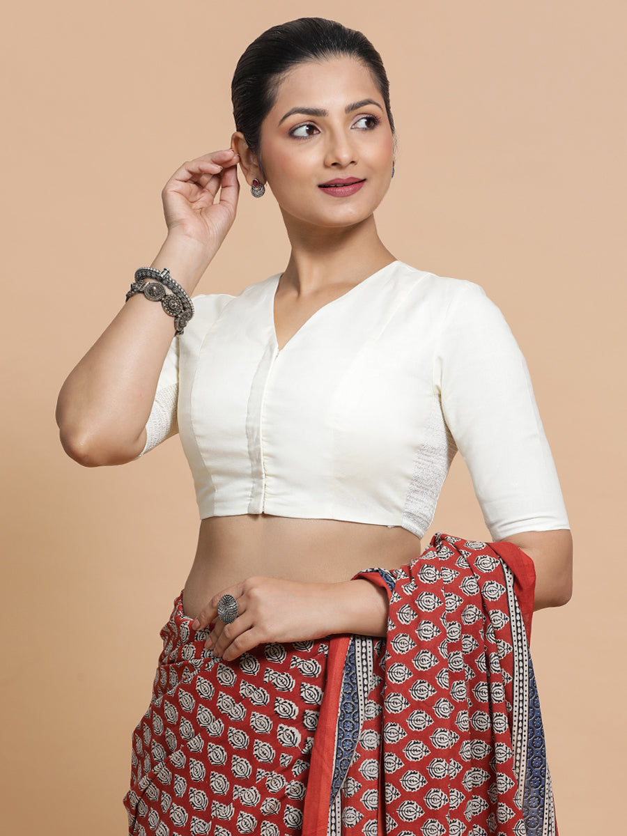 Garima x Rozaana Saree Blouse, in White Cotton, featuring elbow sleeves and v-neckline, made for daily & work (view 5).