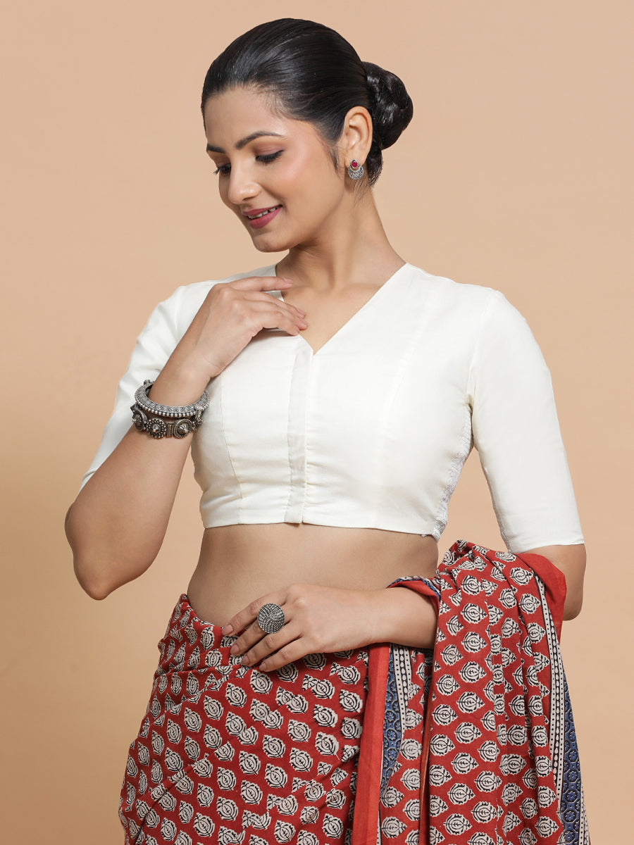 Garima x Rozaana Saree Blouse, in White Cotton, featuring elbow sleeves and v-neckline, made for daily & work (view 7).