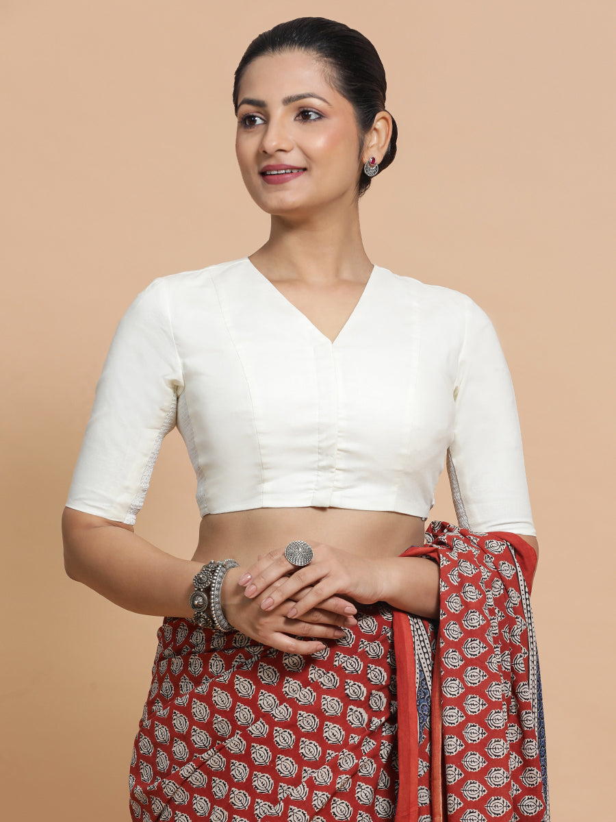 Garima x Rozaana Saree Blouse, in White Cotton, featuring elbow sleeves and v-neckline, made for daily & work (view 8).