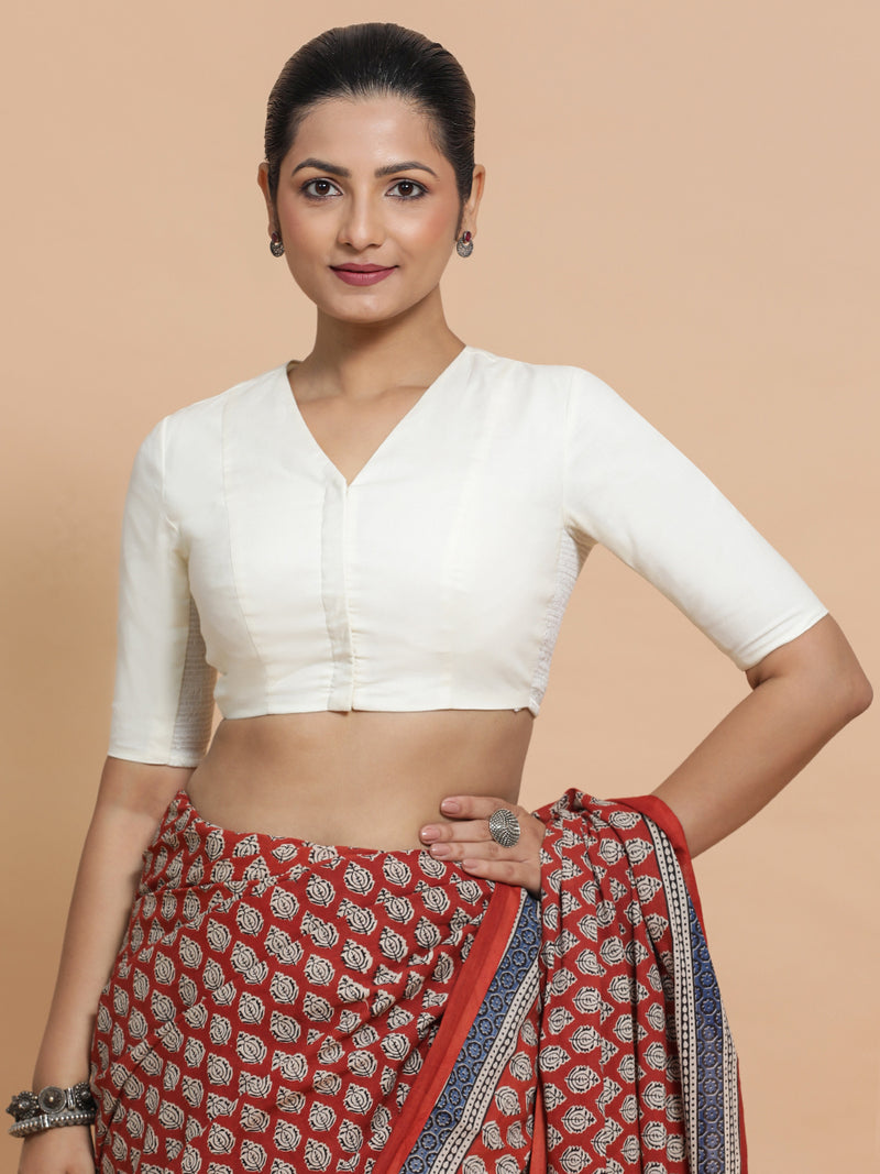Garima x Rozaana | V-Neck Ivory Mist Plain Cotton Saree Blouse-Binks