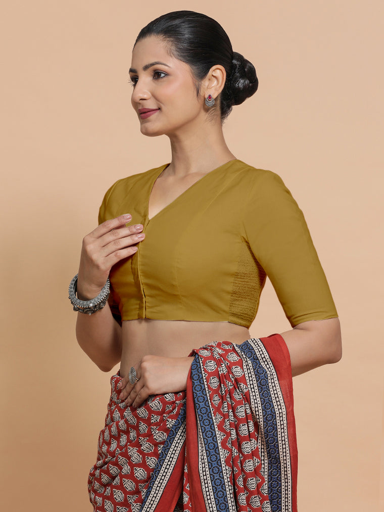 Garima x Rozaana Saree Blouse, in Yellow Cotton, featuring elbow sleeves and v-neckline, made for daily & work.