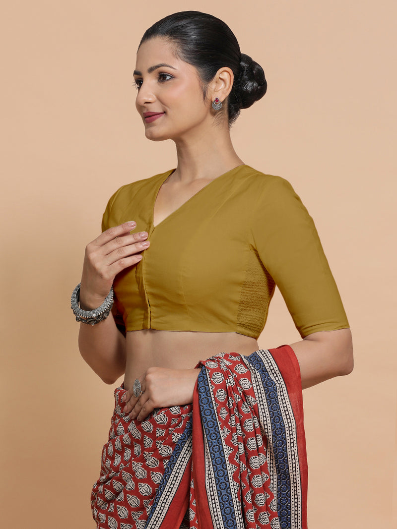 Garima x Rozaana | V-Neck Khaki Plain Cotton Saree Blouse-Binks