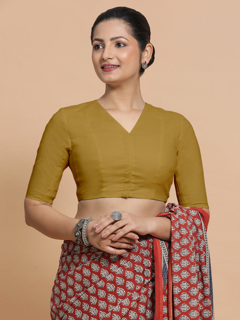 Garima x Rozaana | V-Neck Khaki Plain Cotton Saree Blouse-Binks