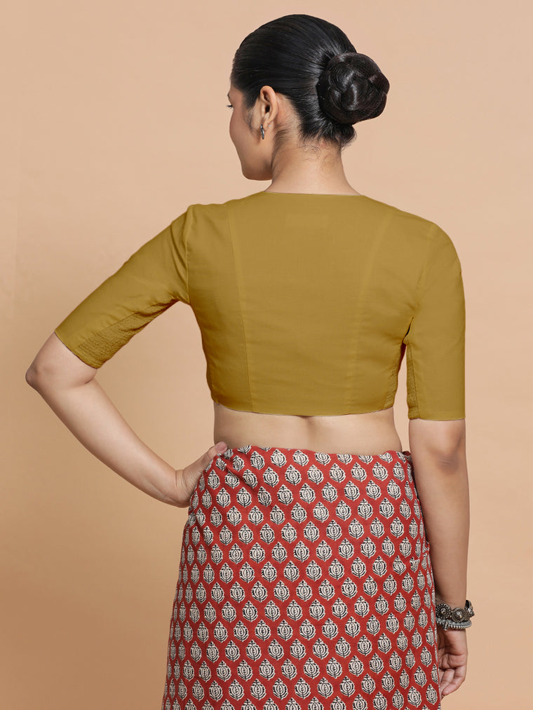 Garima x Rozaana Saree Blouse, in Yellow Cotton, featuring elbow sleeves and v-neckline, made for daily & work (view 2).