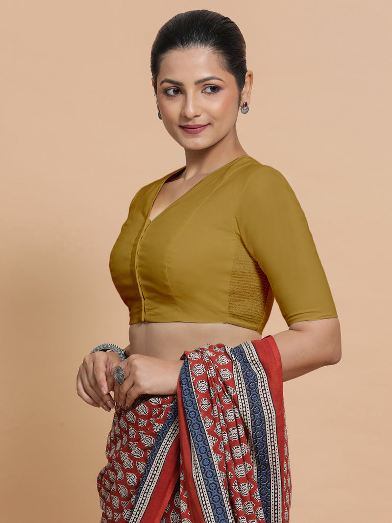 Garima x Rozaana | V-Neck Khaki Plain Cotton Saree Blouse-Binks