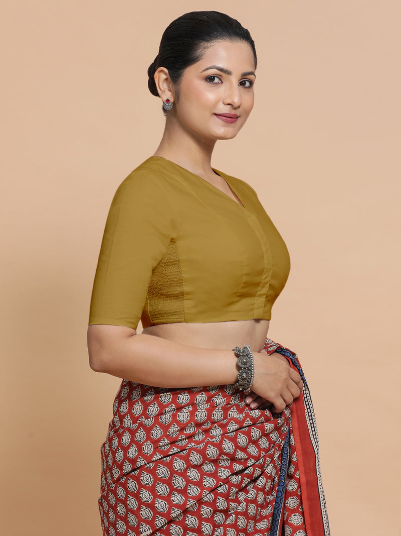 Garima x Rozaana | V-Neck Khaki Plain Cotton Saree Blouse-Binks