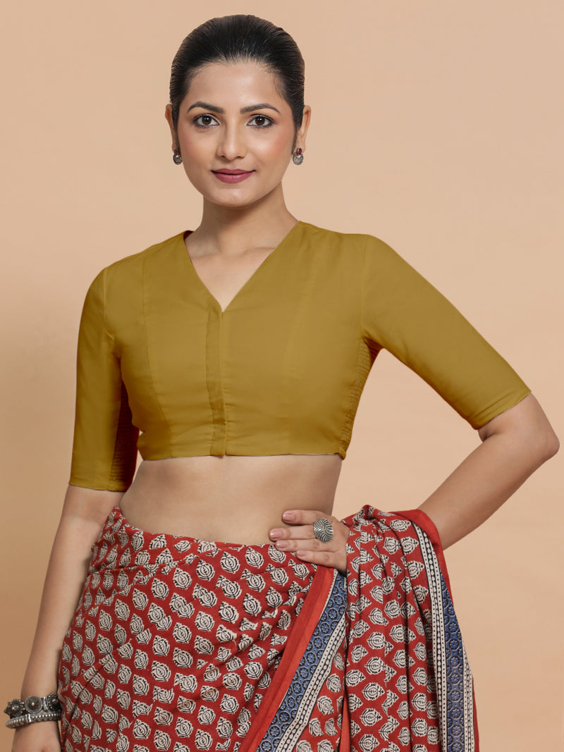 Garima x Rozaana | V-Neck Khaki Plain Cotton Saree Blouse-Binks