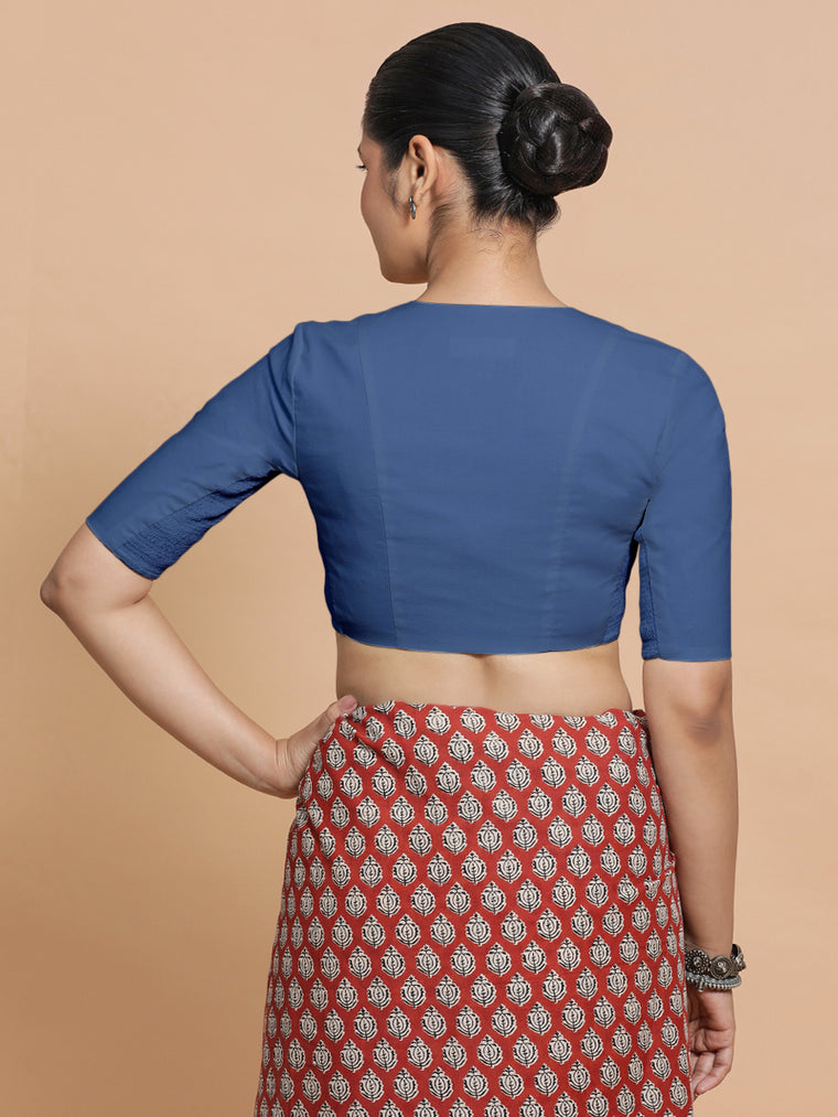 Garima x Rozaana Saree Blouse, in Blue 100% Cotton - Solid, featuring elbow sleeves and v-neckline, made for daily & work.