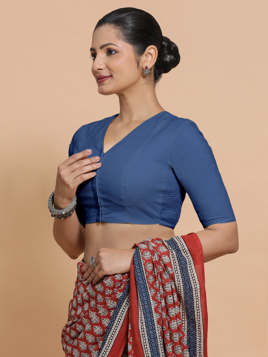 Garima x Rozaana Saree Blouse, in Blue 100% Cotton - Solid, featuring elbow sleeves and v-neckline, made for daily & work.