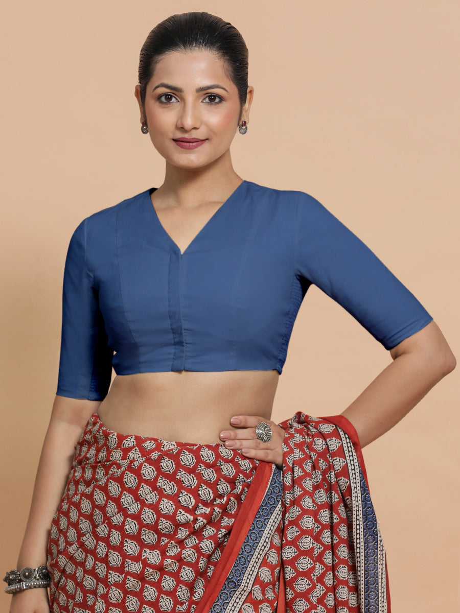 Garima x Rozaana Saree Blouse, in Blue 100% Cotton - Solid, featuring elbow sleeves and v-neckline, made for daily & work.