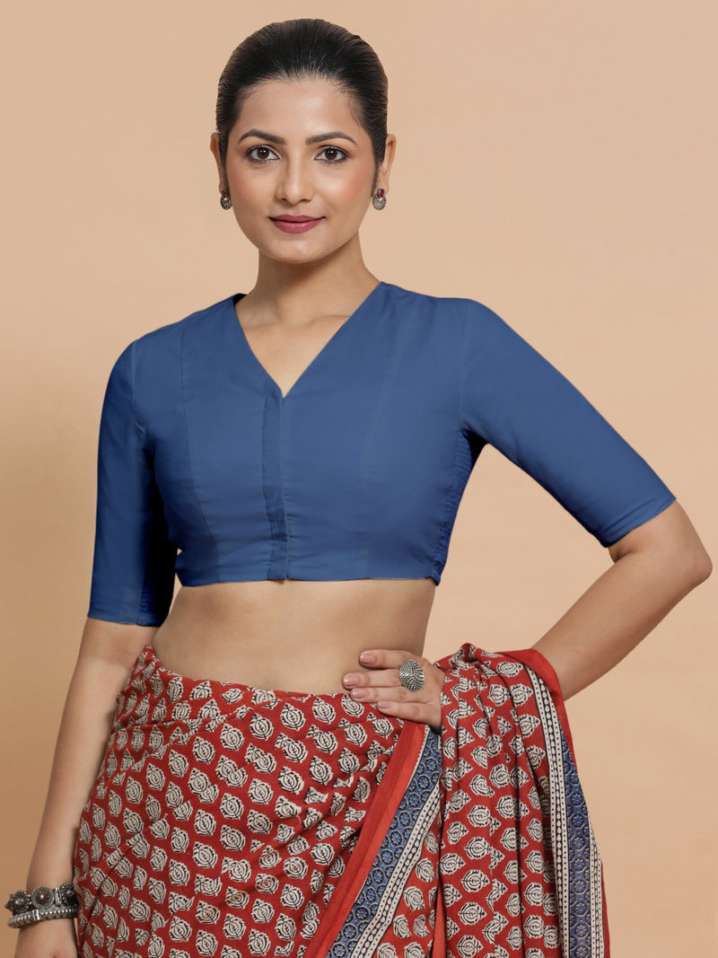Garima x Rozaana | Elbow Sleeves Saree Blouse in Lapis Blue Plain Cotton-Binks