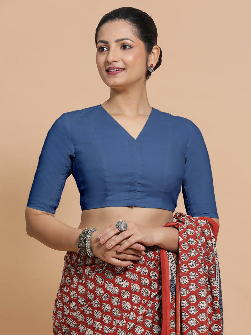 Garima x Rozaana | Elbow Sleeves Saree Blouse in Lapis Blue Plain Cotton-Binks
