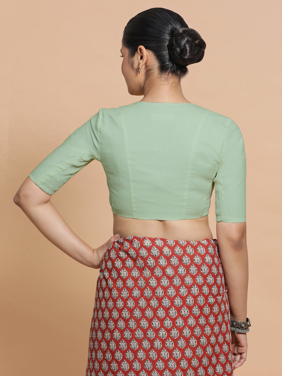 Garima x Rozaana Saree Blouse, in Green Cotton, featuring elbow sleeves and v-neckline, made for daily & work (view 2).