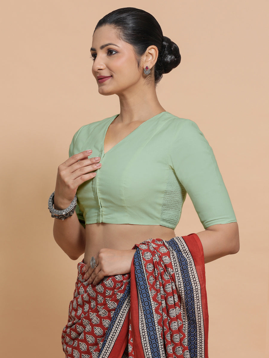 Garima x Rozaana Saree Blouse, in Green Cotton, featuring elbow sleeves and v-neckline, made for daily & work (view 5).