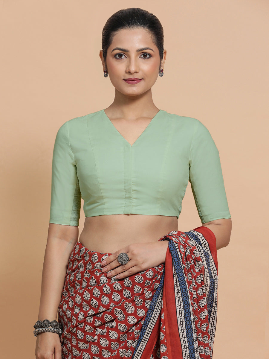 Garima x Rozaana Saree Blouse, in Green Cotton, featuring elbow sleeves and v-neckline, made for daily & work (view 7).