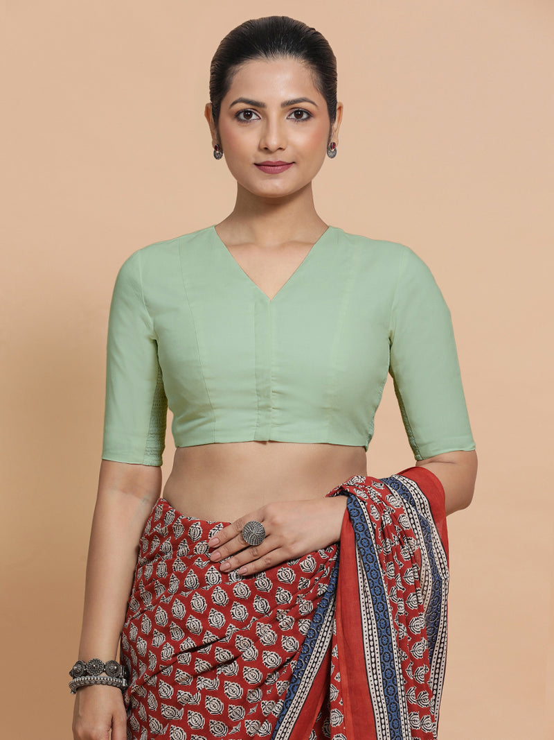 Garima x Rozaana | V-Neck Light Sage Plain Cotton Saree Blouse-Binks