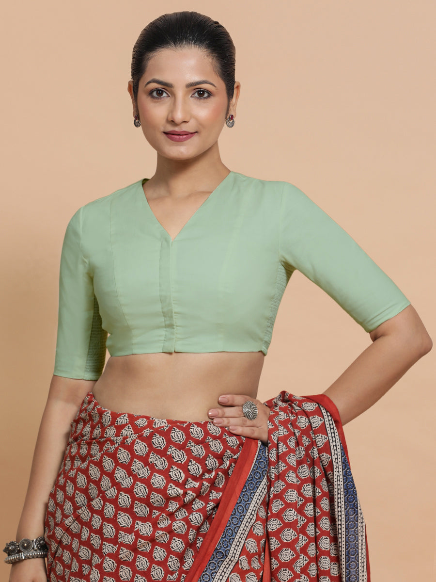 Garima x Rozaana Saree Blouse, in Green Cotton, featuring elbow sleeves and v-neckline, made for daily & work (view 8).
