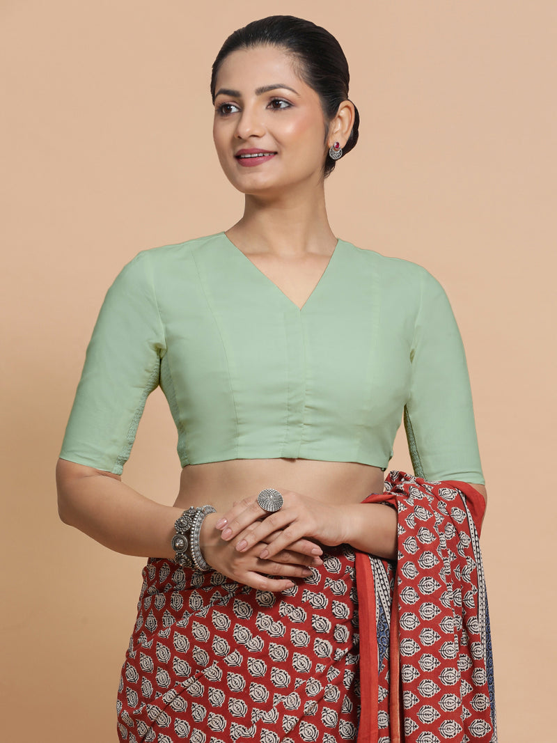 Garima x Rozaana | V-Neck Light Sage Plain Cotton Saree Blouse-Binks