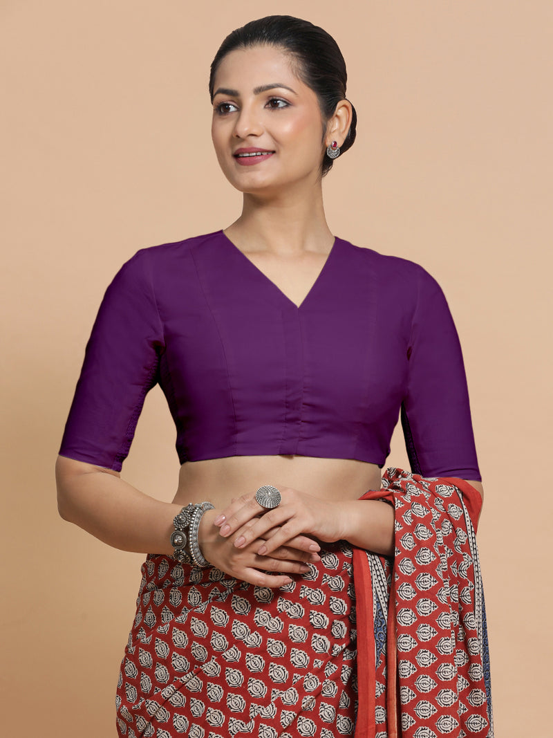 Garima x Rozaana | V-Neck Magenta Bliss Plain Cotton Saree Blouse-Binks