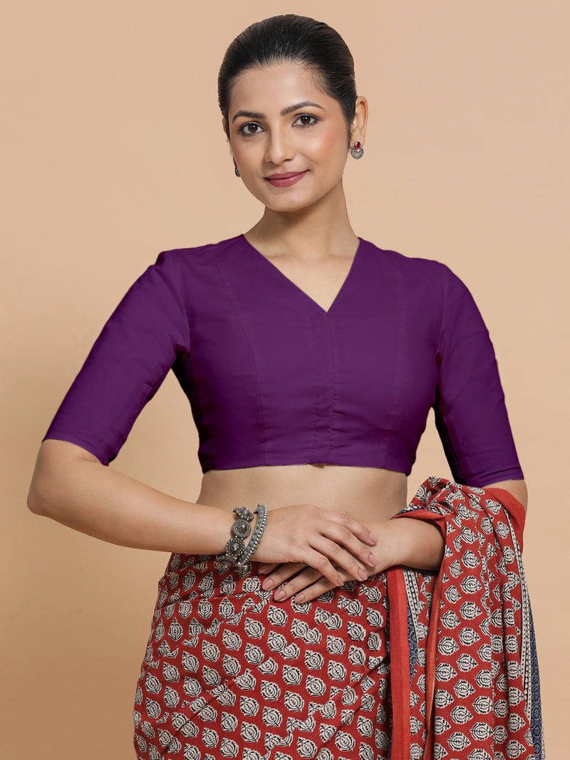 Garima x Rozaana | V-Neck Magenta Bliss Plain Cotton Saree Blouse-Binks