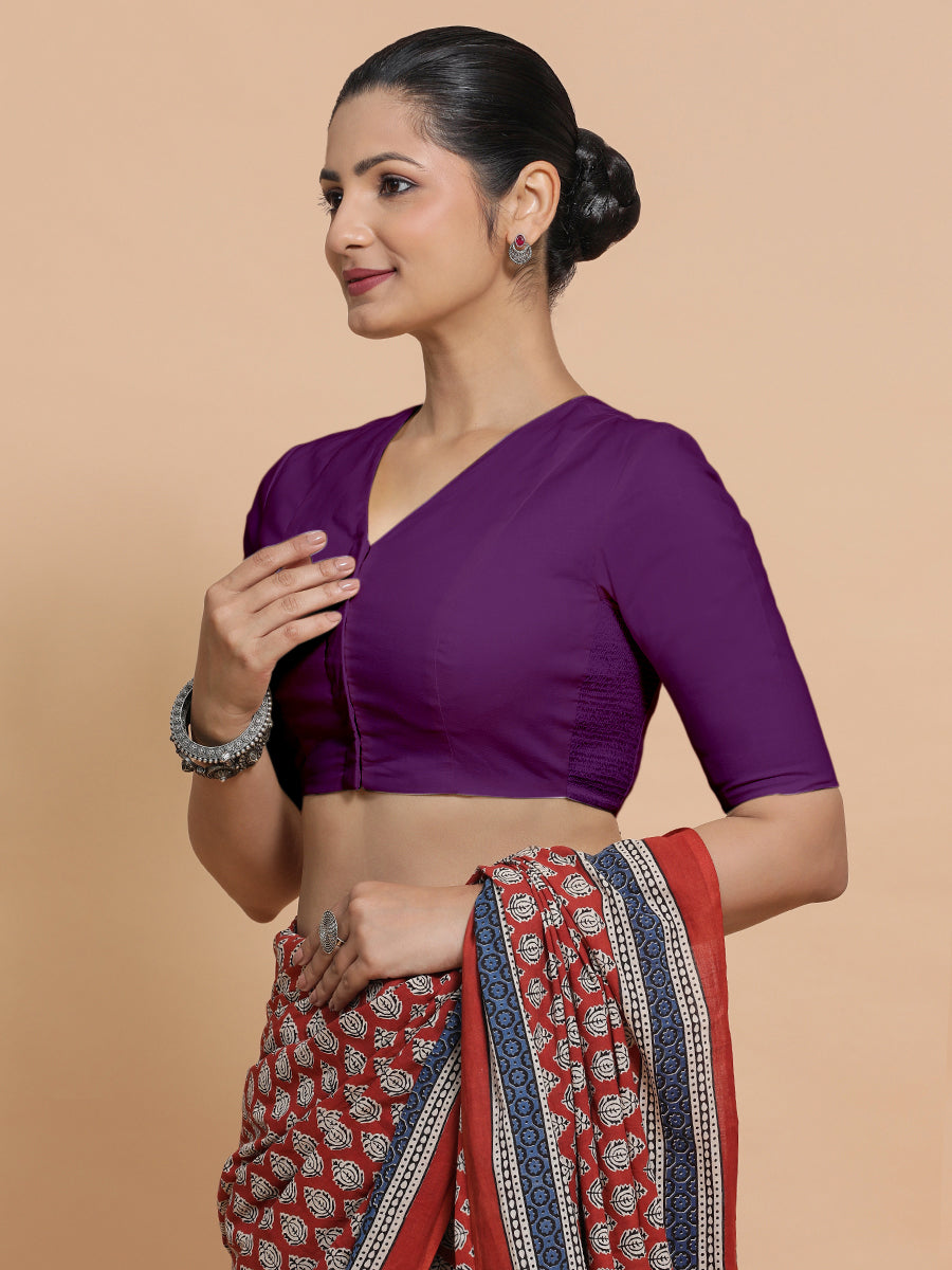 Garima x Rozaana Saree Blouse, in Purple Cotton, featuring elbow sleeves and v-neckline, made for daily & work (view 5).
