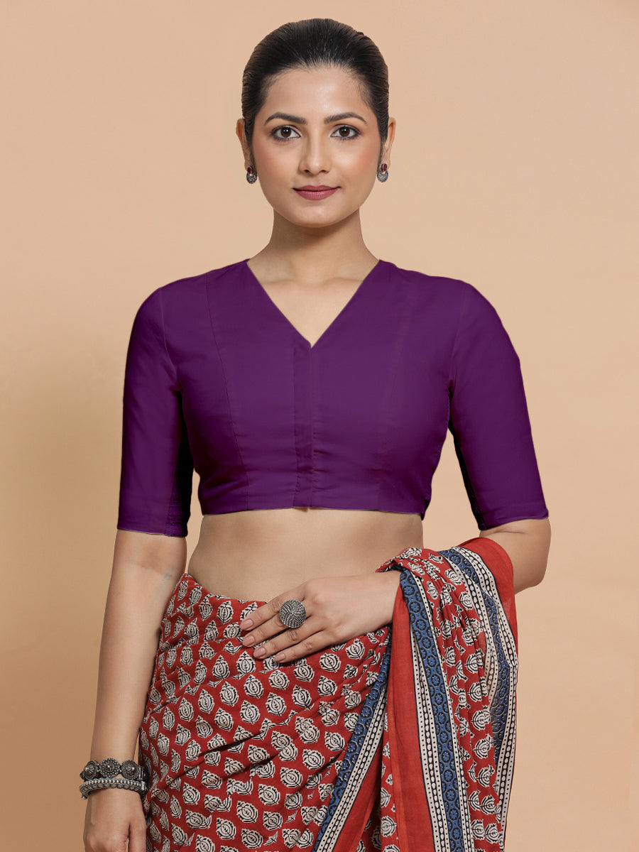 Garima x Rozaana Saree Blouse, in Purple Cotton, featuring elbow sleeves and v-neckline, made for daily & work (view 6).