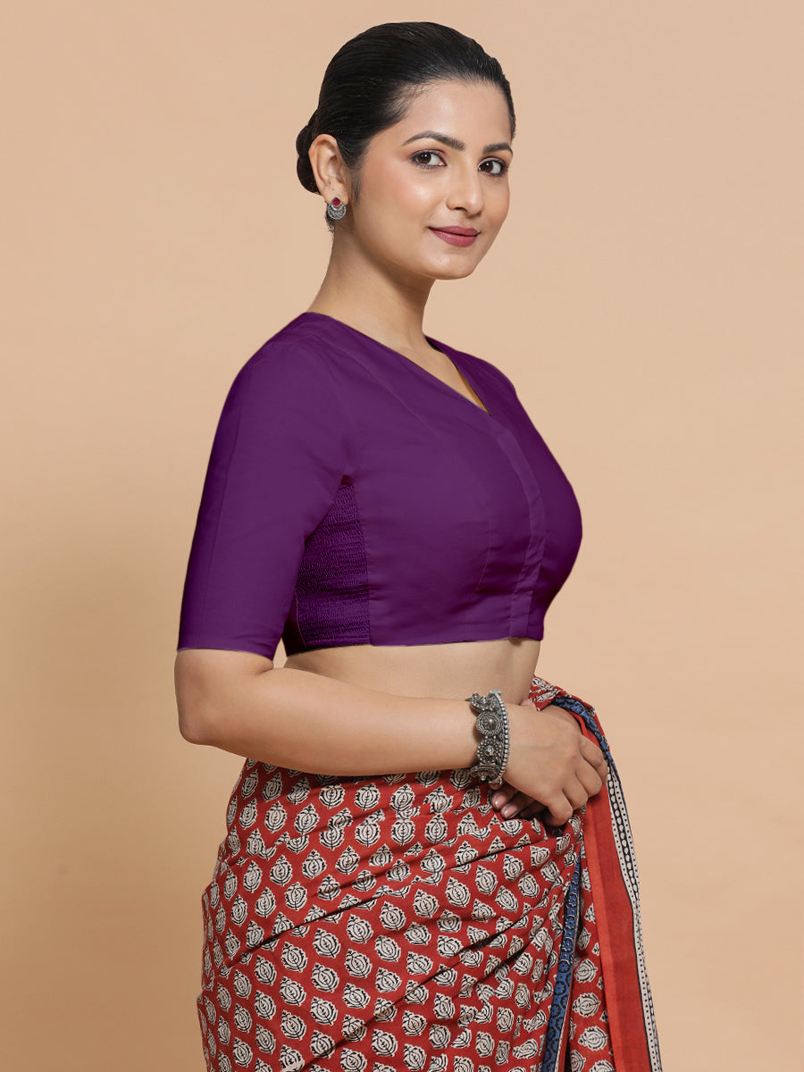 Garima x Rozaana Saree Blouse, in Purple Cotton, featuring elbow sleeves and v-neckline, made for daily & work (view 8).