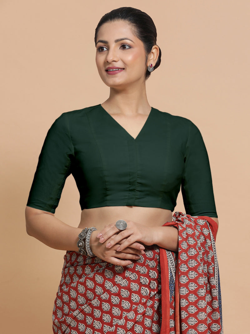 Garima x Rozaana | V-Neck Moss Green Plain Cotton Saree Blouse-Binks