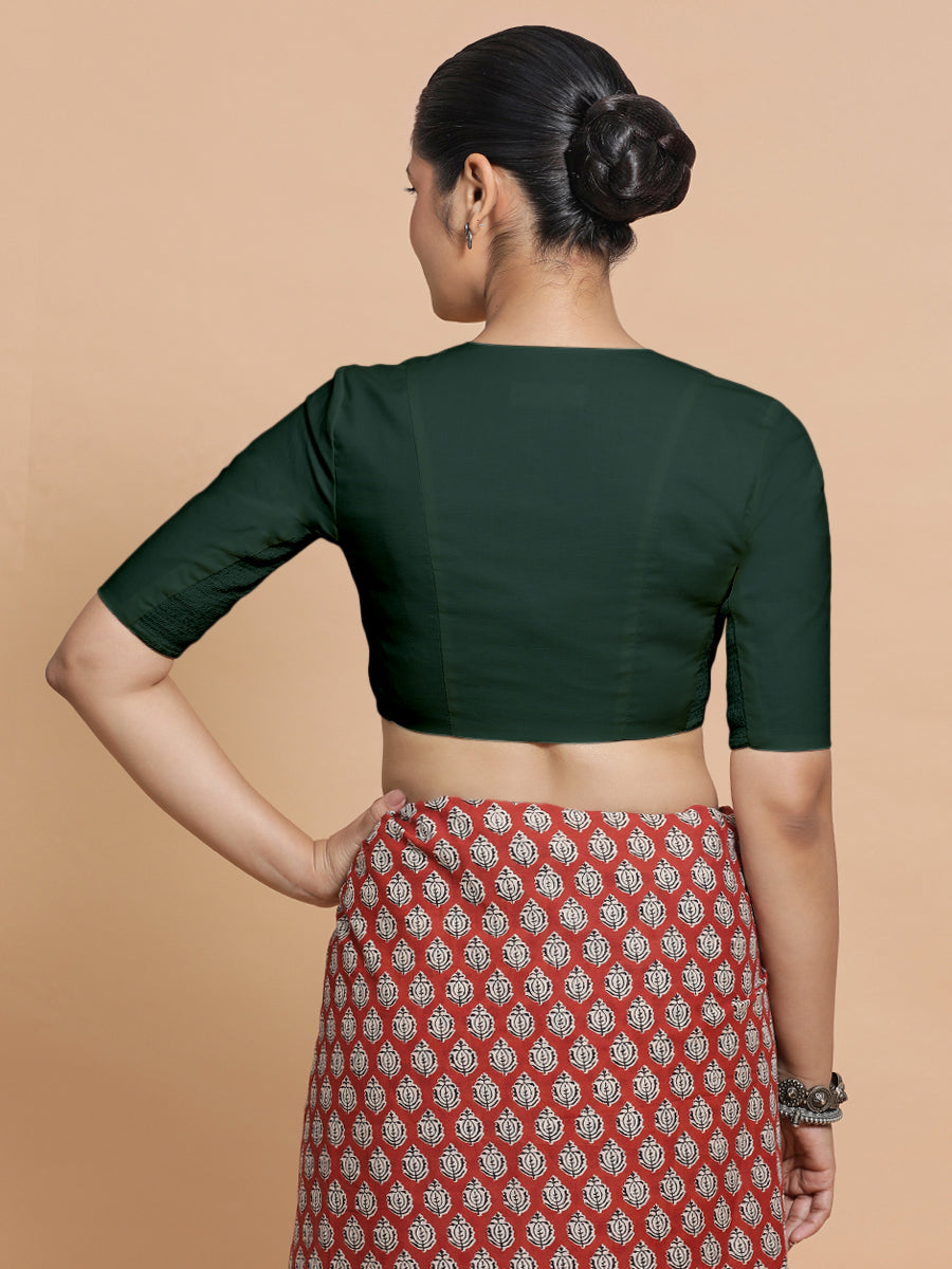 Garima x Rozaana Saree Blouse, in Green Cotton, featuring elbow sleeves and v-neckline, made for daily & work (view 2).