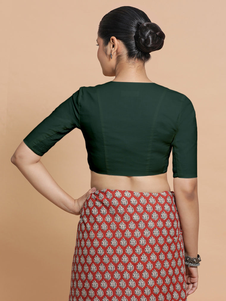 Garima x Rozaana Saree Blouse, in Green Cotton, featuring elbow sleeves and v-neckline, made for daily & work (view 2).