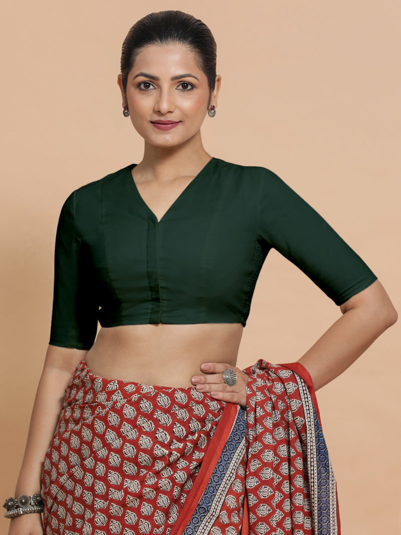 Garima x Rozaana | V-Neck Moss Green Plain Cotton Saree Blouse-Binks