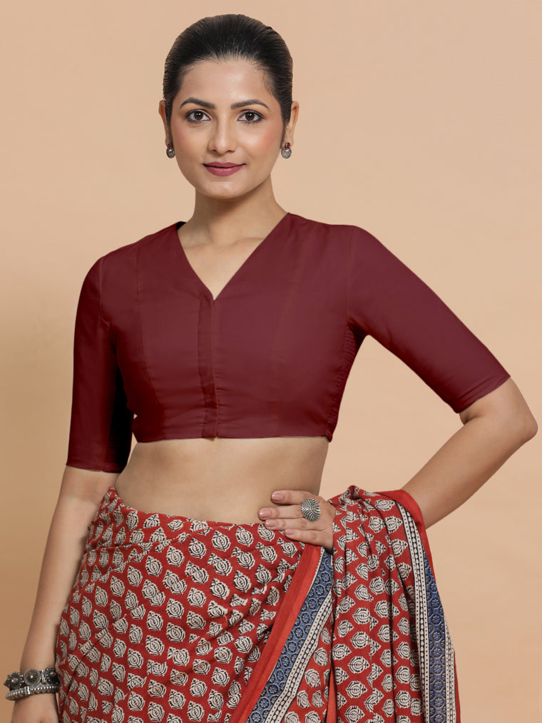 Garima x Rozaana Saree Blouse, in Maroon Cotton, featuring elbow sleeves and v-neckline, made for daily & work.