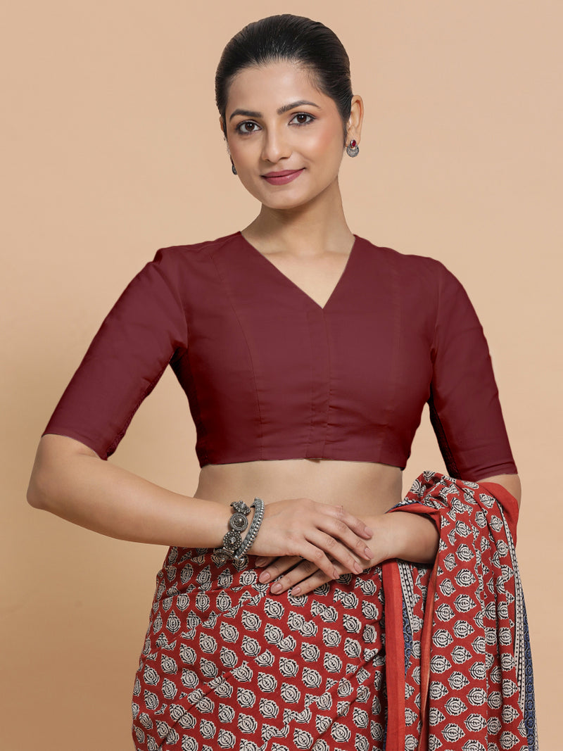 Garima x Rozaana | V-Neck Royal Maroon Plain Cotton Saree Blouse-Binks