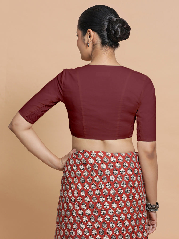 Garima x Rozaana Saree Blouse, in Maroon Cotton, featuring elbow sleeves and v-neckline, made for daily & work (view 2).
