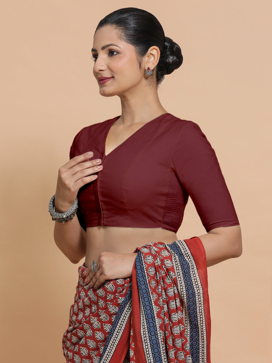 Garima x Rozaana Saree Blouse, in Maroon Cotton, featuring elbow sleeves and v-neckline, made for daily & work (view 5).