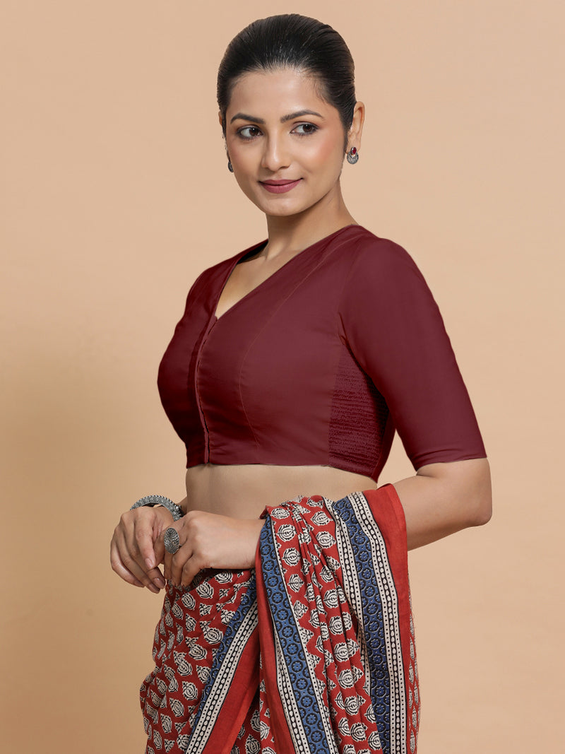Garima x Rozaana | V-Neck Royal Maroon Plain Cotton Saree Blouse-Binks